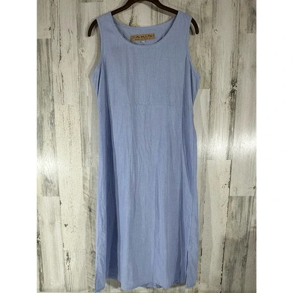 Dakini Sleeveless Shift Dress Small Light Blue Lyocell Linen Blend USA Tie Back - Picture 1 of 8